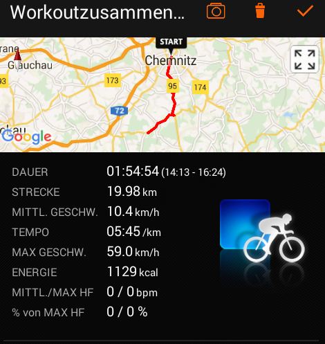 Screenshot Sports Tracker App Radtour von Chemnitz nach Tahlheim Erzgebirge