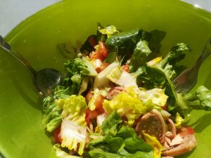 Salat mit Tomate Zwiebeln und Schinkenröllchen