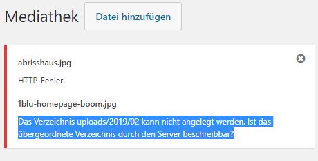 Das Verzeichnis uploads/2019/02 kann nicht angelegt werden. Ist das übergeordnete Verzeichnis durch den Server beschreibbar?